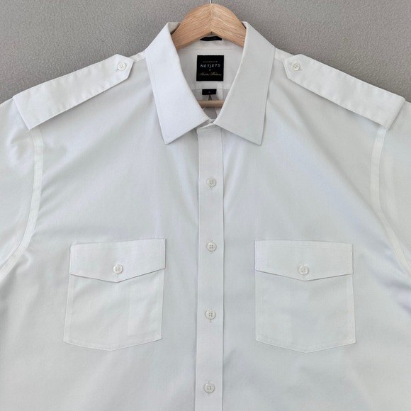 Brooks Brothers NetJets Pilot Shirt Men 18 White Uniform Epaulets Short Sleeve
